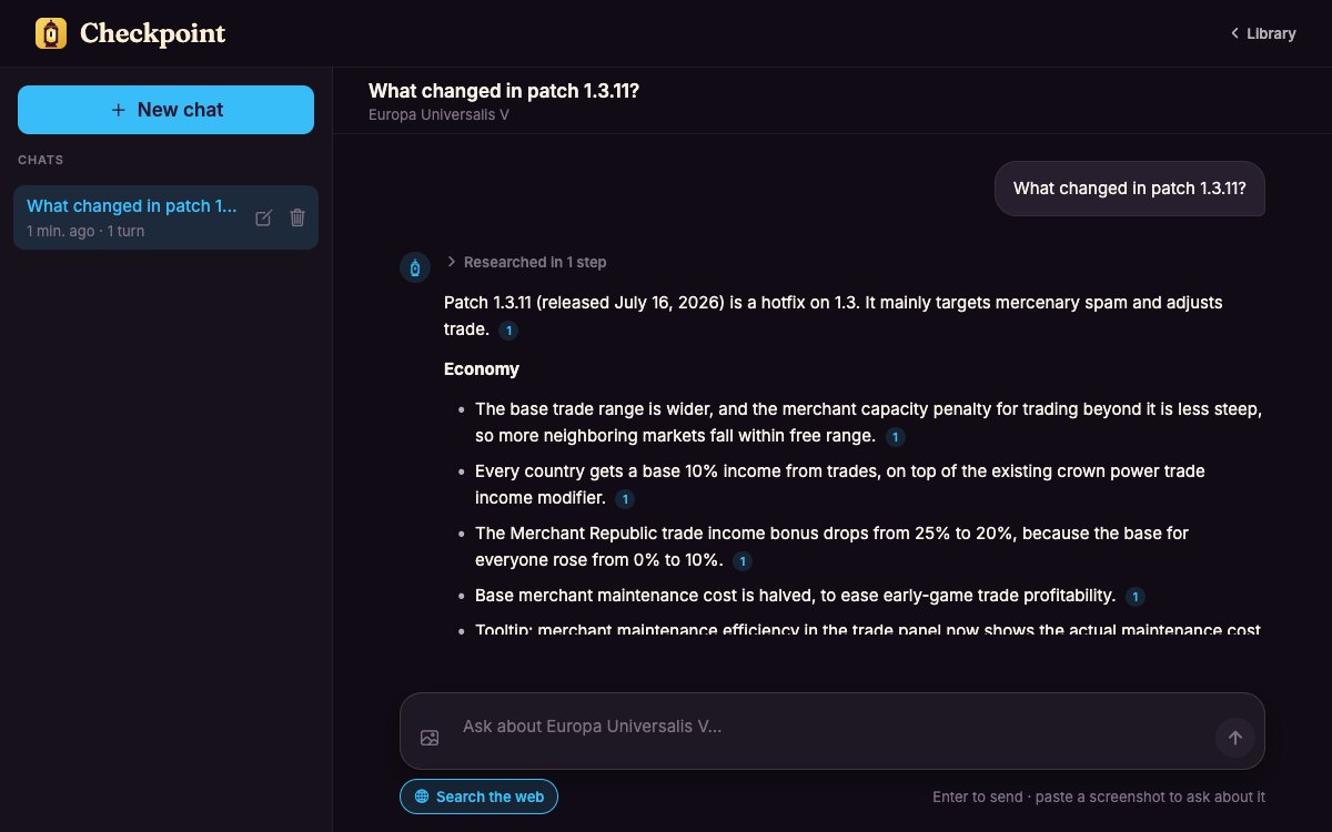 Checkpoint answering 'What changed in patch 1.3.11?': the release date, then the trade changes, each cited to the official patch notes.